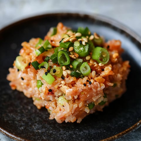 A dish of spicy tuna crispy rice is served on a black plate.
