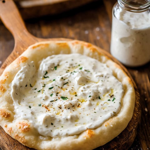 A pizza with white sauce and cheese on a wooden board.