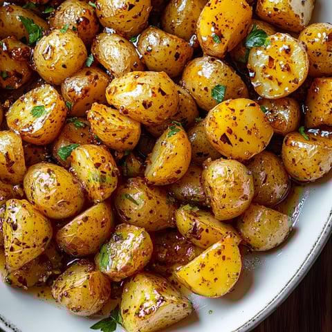 A plate of honey mustard potatoes with a green garnish.