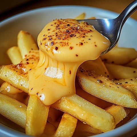 A close up of a bowl of fries with cheese sauce being poured over them.