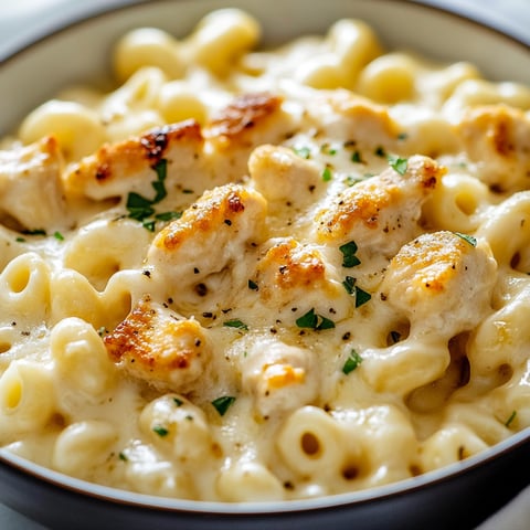 A bowl of Parmesan Garlic Chicken Mac and Cheese with chicken and pasta.