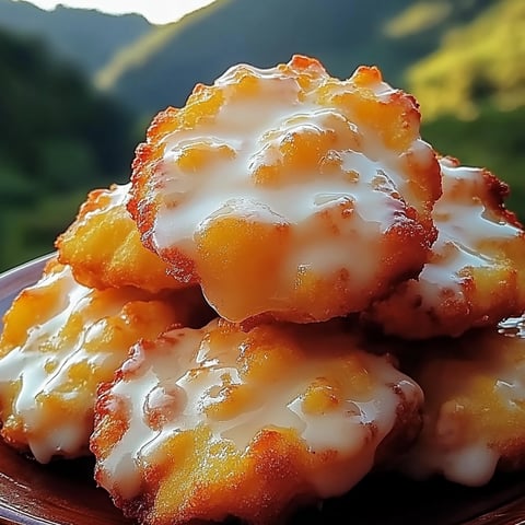 A plate of delicious fresh peach fritters, covered in a sweet glaze, are stacked on top of each other.