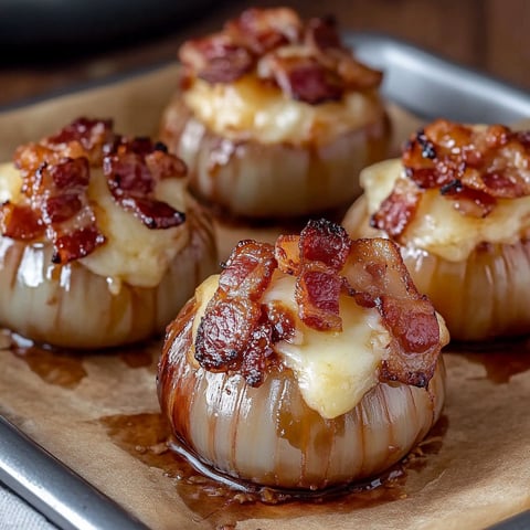 Three Bacon Cheddar Onion Bombs are displayed on a tray, each with a slice of bacon and cheese on top.