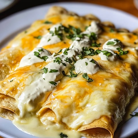 A delicious Sour Cream Chicken Enchilada is served on a white plate.