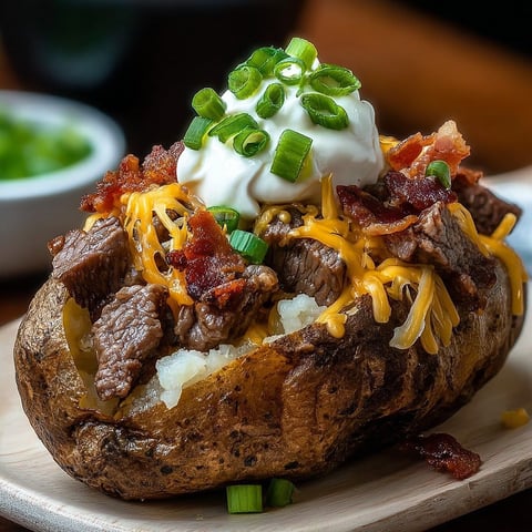 A loaded baked potato with steak bites and cheese on top.