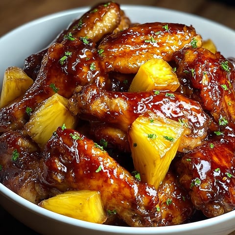 A bowl of chicken wings covered in a brown sugar pineapple sauce.