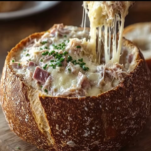 A Reuben Dip in a Rye Bread Bowl is being served.