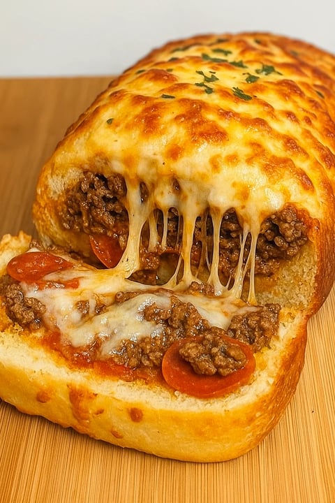 A slice of homemade garbage bread with meat and cheese.