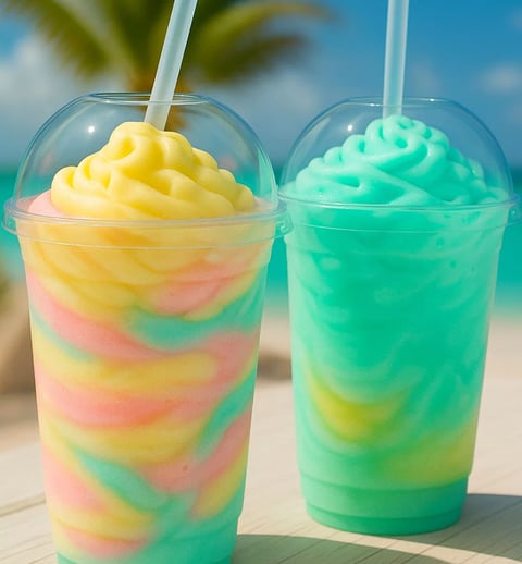 Two tropical sherbet swirls in plastic cups, one blue and one yellow, are served on a table.