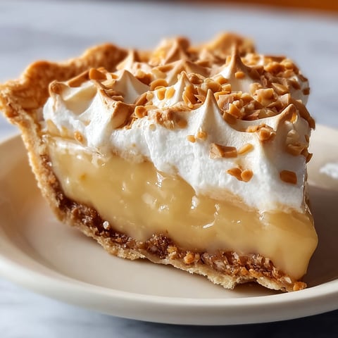 A slice of Dolly Parton's Butterscotch Pie is served on a white plate.
