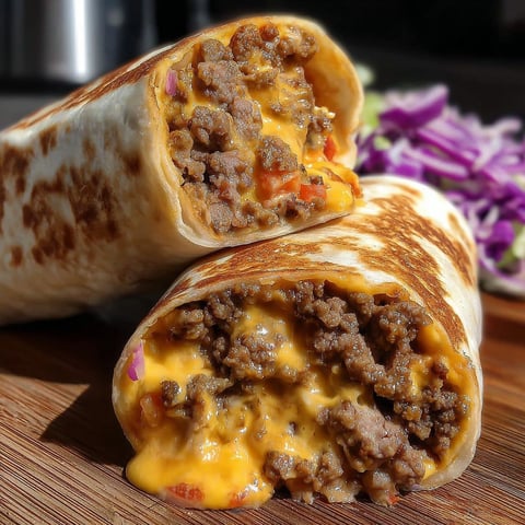 Two cheeseburger burritos, animal style, are served on a wooden table.