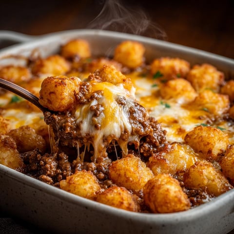 A delicious cheesy ground beef tater tot casserole is being served in a pan.
