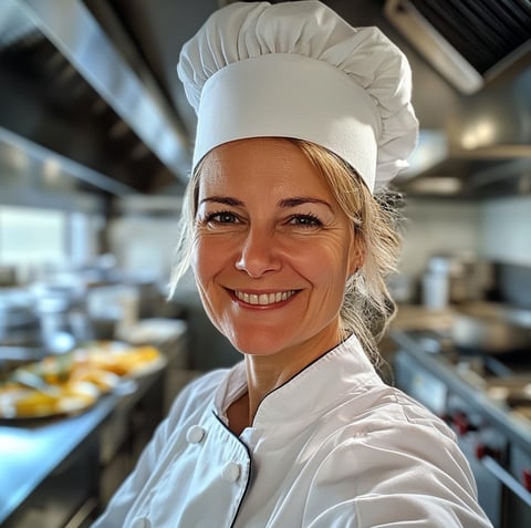 A woman in a chef's hat smiles for the camera.