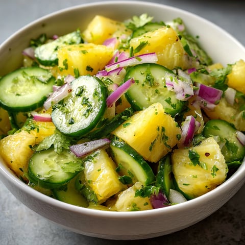 A bowl of Pineapple Cucumber Salad is displayed on a table.
