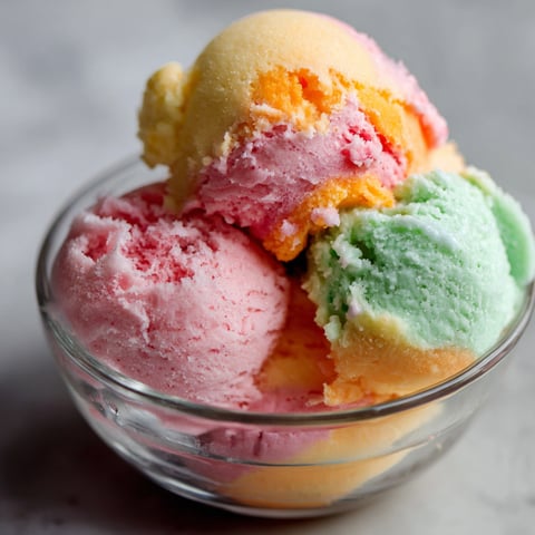 A bowl of colorful sherbet with a scoop of pink, yellow, and orange flavors.