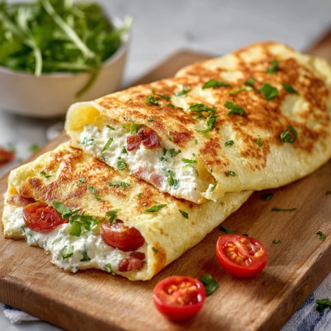 A delicious cottage cheese wrap is served on a wooden cutting board with tomatoes and greens.