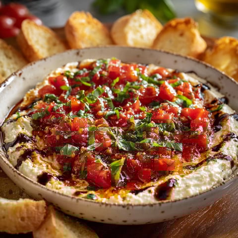 A delicious Bruschetta Dip with tomatoes, basil, and garlic, served in a bowl with a side of crusty bread.