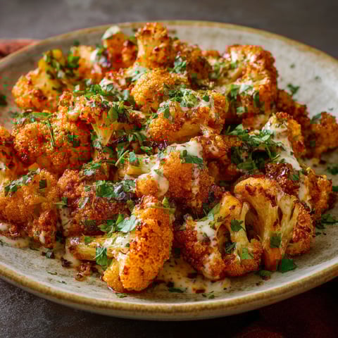 A bowl of cauliflower with a sauce on top, possibly harissa.
