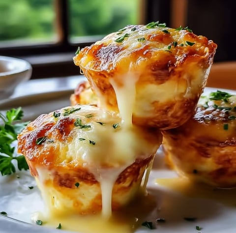 A plate of cheesy mashed potato puffs is served on a dining table.