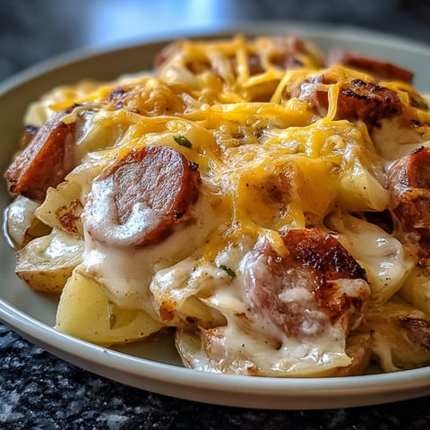 A delicious Creamy Sausage & Potato Bake is served on a plate.