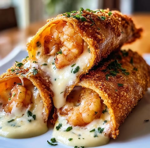 A plate of deep-fried shrimp Alfredo burrito bites, served with a side of dipping sauce.
