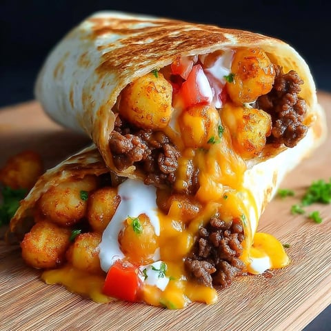 A delicious cheesy potato burrito filled with beef and topped with tomatoes and lettuce.