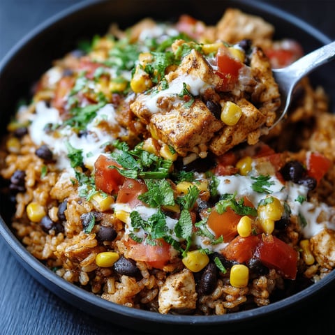 A bowl of food with a spoon in it, the dish is a One Pot Chicken Burrito Bowl.