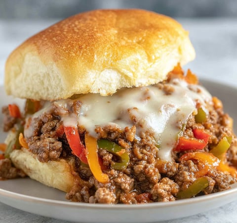 A delicious Philly Cheesesteak Sloppy Joes sandwich is served on a white plate.