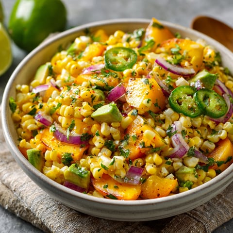A bowl of Sweet Corn Salad with Peaches, garnished with cilantro and jalapenos.