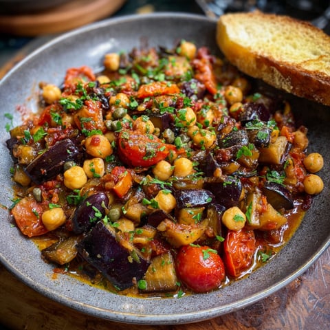 A dish of Chickpea Caponata with a side of bread.