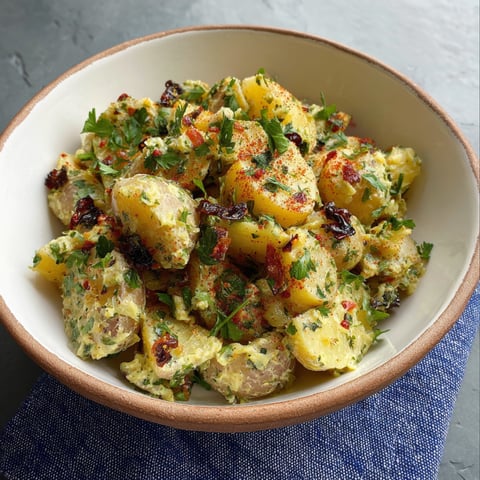 A bowl filled with a delicious and colorful dish, Sumac Potato Salad, is presented on a table.