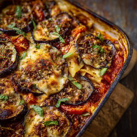 A delicious Lazy Aubergine Lasagne is ready to be served.
