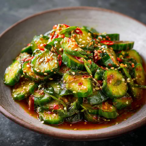 A bowl of Spicy Asian Cucumber Salad is displayed on a table.