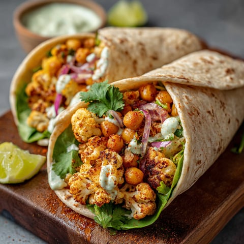 A delicious Chili Lime Chickpea Cauliflower Wrap is served on a wooden cutting board.