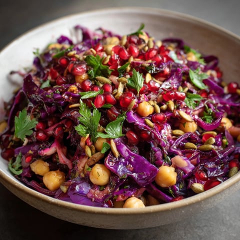 A bowl of Red Cabbage Pomegranate Salad, featuring a mix of vegetables and fruits.