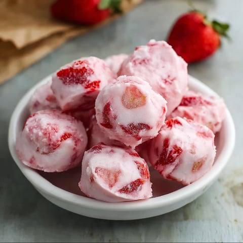 A bowl filled with delicious strawberry yogurt bites.