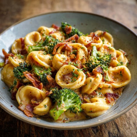 A bowl of Spicy Bacon Broccoli Orecchiette is served on a wooden table.