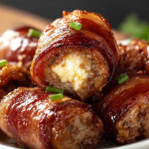 A plate of smoked bacon wrapped around a sausage, with cheese in the middle.