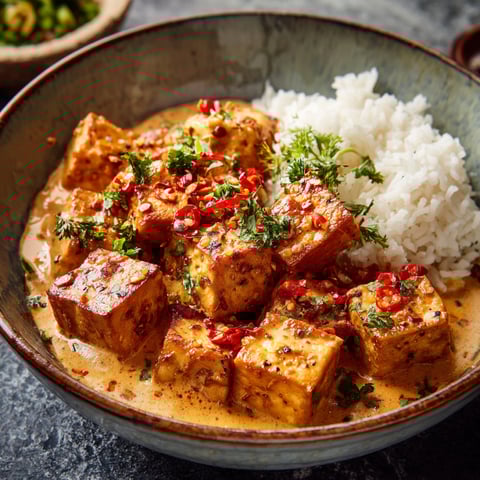 A bowl of spicy tofu with creamy coconut sauce.