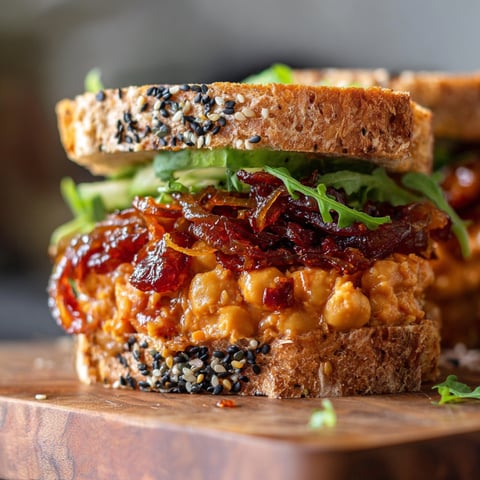 A sandwich made with chickpeas, bacon, lettuce, and a sweet and spicy sauce.
