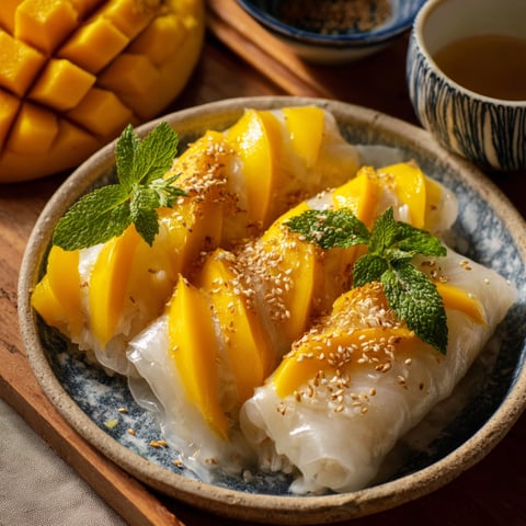 A plate of Sweet Mango Sticky Rice Rolls is displayed on a table.