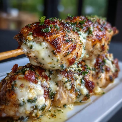 A plate of garlic mozzarella chicken skewers with a wooden stick.