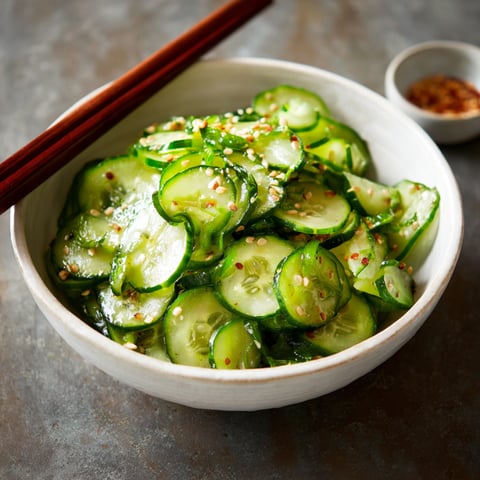 A bowl of Japanese Cucumber Salad with a spoon and a small bowl of seasoning.