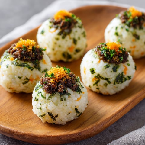 A plate of six rice balls with a variety of toppings, including carrots and black sesame seeds.
