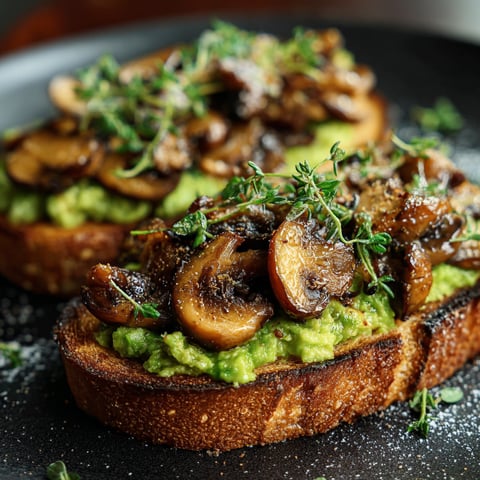 A slice of toast with mushrooms and avocado on top, garnished with parsley.