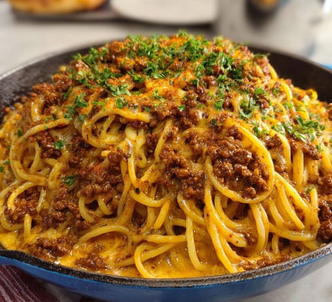 A delicious Cajun Beef Spaghetti dish in a creamy three-cheese Parmesan sauce, served in a blue bowl.