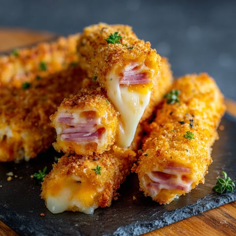 A delicious appetizer made of chicken, ham, and cheese, served on a wooden platter.