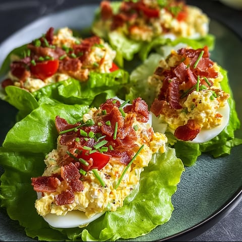 A plate of BLT Egg Salad Lettuce Wraps with bacon, lettuce, and tomato.