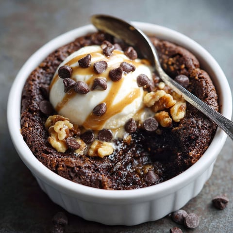A delicious brownie bowl for two, topped with ice cream and walnuts.