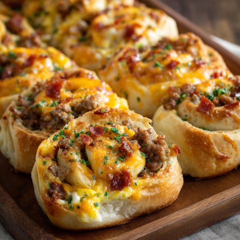 A plate of breakfast rolls with cheese and bacon.
